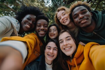 Obraz premium diverse friends chilling outside taking group selfie and smiling