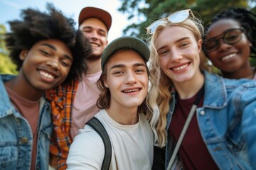 Obraz premium diverse friends chilling outside taking group selfie and smiling