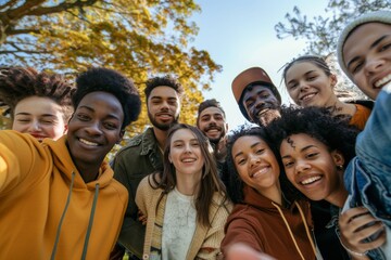 Fototapeta premium diverse friends chilling outside taking group selfie and smiling