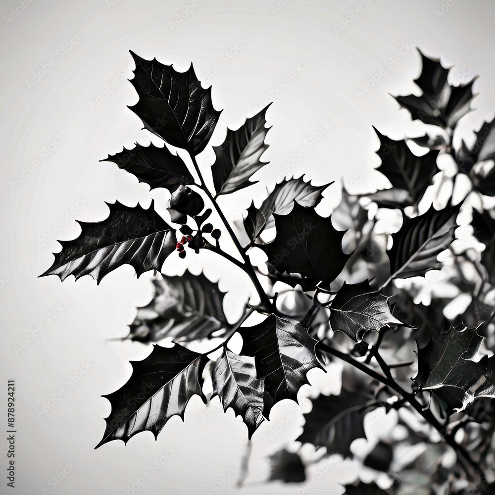 Poster Black and White Holly Leaves with Red Berries.