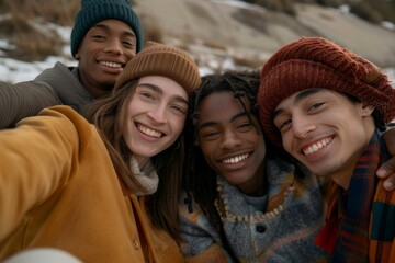 Fototapeta premium diverse friends chilling outside taking group selfie and smiling
