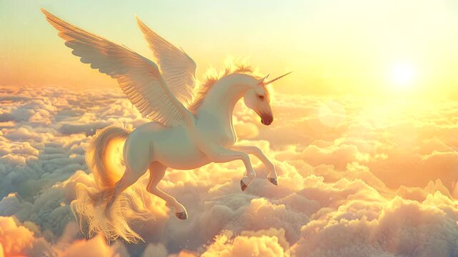 Mystical Airborne Majesty: White Winged Horse Ascends Through Wispy Cloud Curtains. Seamless looping time-lapse virtual 4k video animation background
