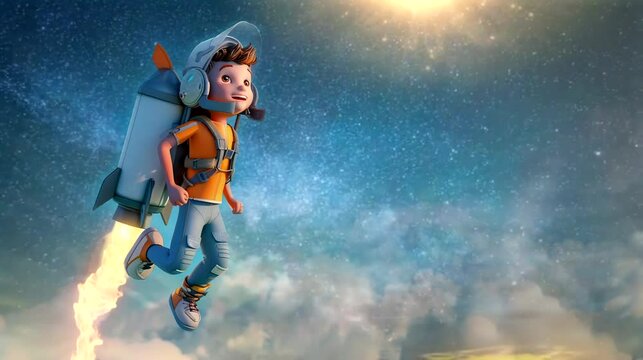 Boy with jetpack launching to space Seamless looping time-lapse 4k video animation background
