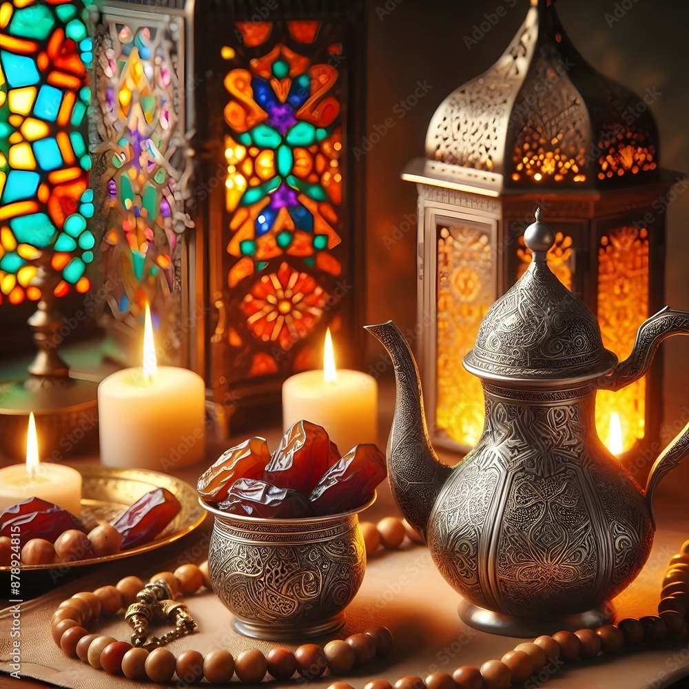 Poster traditional silver teapot with intricate designs placed next to a plate of dates on a table generate