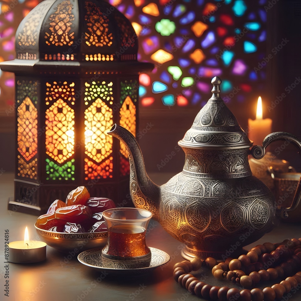 Poster traditional silver teapot with intricate designs placed next to a plate of dates on a table generate