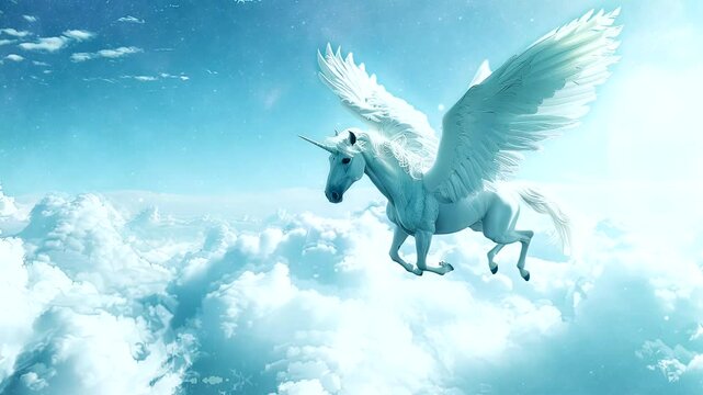 Clouds Part for Celestial Steed: White Winged Horse Commands the Skies with Splendor. Seamless looping time-lapse virtual 4k video animation background