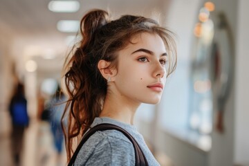 Female student glancing back while going for a class in college