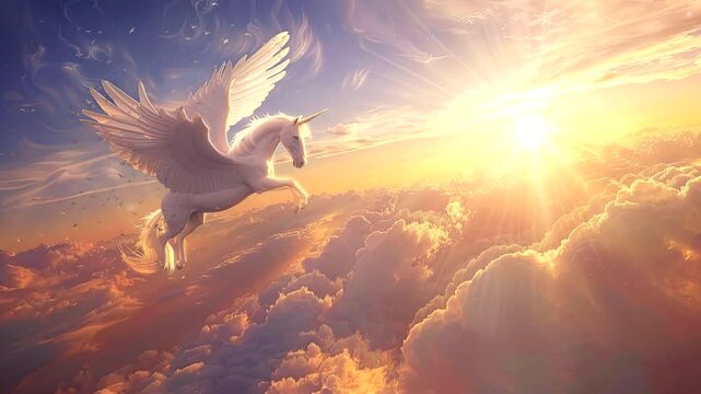 Pegasus Takes Flight: Majestic White Winged Steed Glides Effortlessly Above the Clouds. Seamless looping time-lapse virtual 4k video animation background