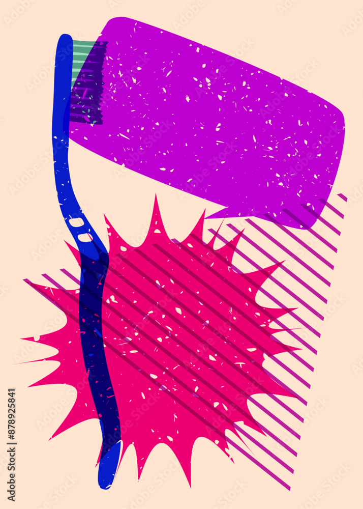 Poster risograph toothbrush with speech bubble with geometric shapes. objects in trendy riso graph print te