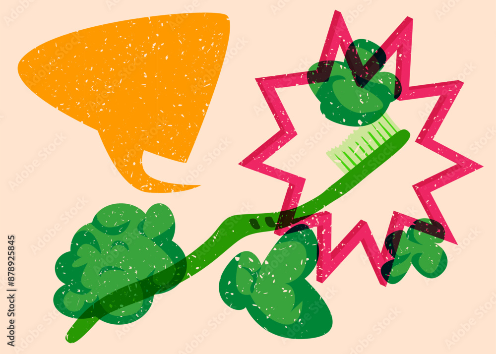 Poster risograph toothbrush with speech bubble with geometric shapes. objects in trendy riso graph print te