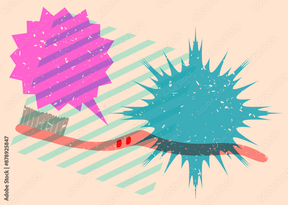 Poster risograph toothbrush with speech bubble with geometric shapes. objects in trendy riso graph print te
