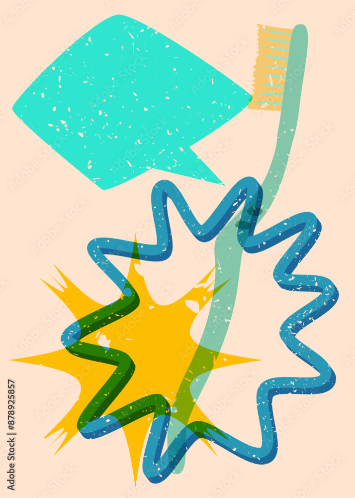 Poster risograph toothbrush with speech bubble with geometric shapes. objects in trendy riso graph print te