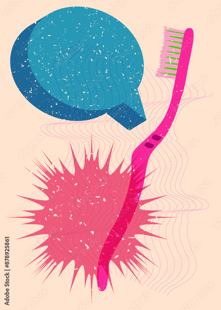 Poster risograph toothbrush with speech bubble with geometric shapes. objects in trendy riso graph print te