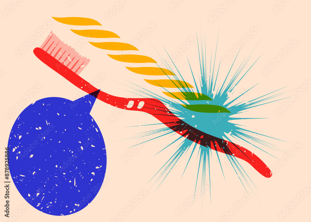 Poster risograph toothbrush with speech bubble with geometric shapes. objects in trendy riso graph print te