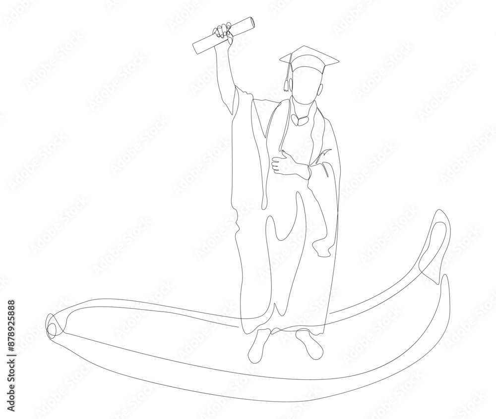Aufkleber one continuous line of graduati man with banana. thin line illustration vector concept. contour draw
