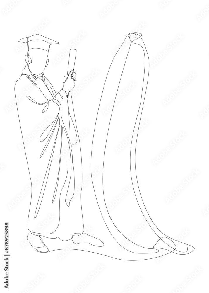Poster one continuous line of graduati man with banana. thin line illustration vector concept. contour draw