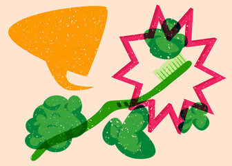 Risograph Toothbrush with speech bubble with geometric shapes. Objects in trendy riso graph print texture style design with geometry elements.
