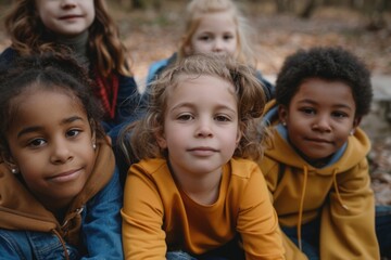 Group of cute diverse kids sitting together in park and looking at camera