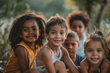 Fototapeta premium Group of cute diverse kids sitting together in park and looking at camera