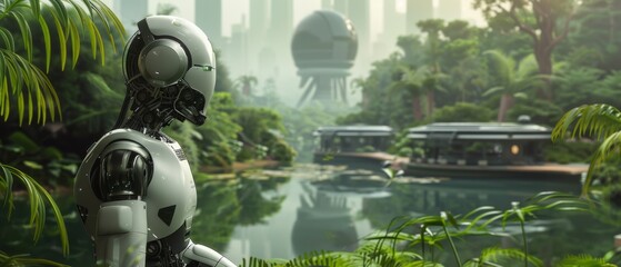 A utopian scene of a teacher robot educating 