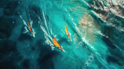 Windsurfing school training on turquoise sea from above
