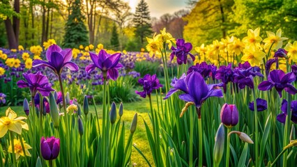 Vibrant Purple Irises And Yellow