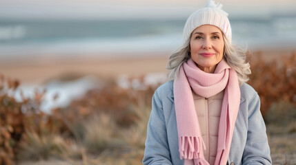 Smiling elderly woman in a pink scarf and white beanie enjoying a serene winter walk on the beach.