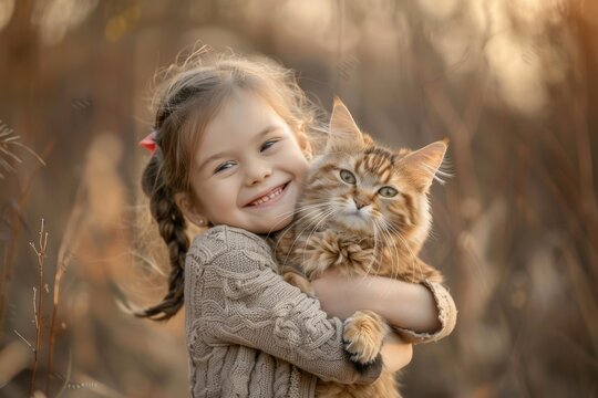 Little girl holding her cat close and smile happily