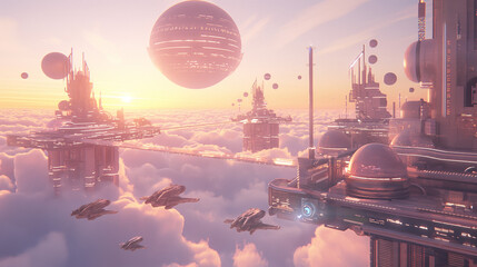 A futuristic floating city, with sleek buildings, sky bridges, and hovering vehicles, all set against a bright, cloud-filled sky