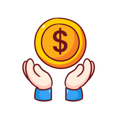 Open Hands Receive Gold Coin Money Cartoon Vector.  Saving And Investment Illustration. Business And Finance Concept Design. Isolated White Background.
