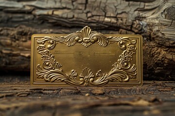 A gold plaque sits atop a wooden base, ready for display or presentation