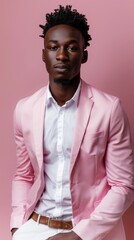 Fototapeta premium Confident Young Man Posing in Stylish Pink Blazer Against Pink Background, Professional and Unique Corporate Representative Portrait, Abstract Character, High-Resolution AI-Generated Wallpaper and Bac
