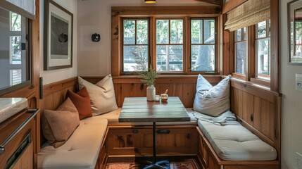 Fototapeta premium A cozy kitchen nook with a built-in bench, a small table, and plenty of cushions, creating a perfect spot for breakfast or casual meals.