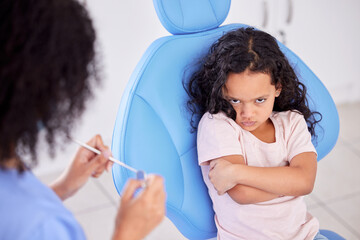 Portrait, scared and dentist with child patient for tooth extraction in clinic with consultation....