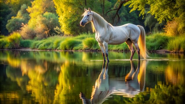 Majestic Marwari horse with elegant ears and arched neck stands alone, reflected in serene water's edge, surrounded by lush greenery.