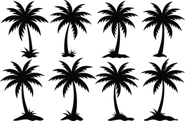 Palm tree Silhouette Set, set of black silhouettes of a palm tree, silhouette of a palm tree isolated
