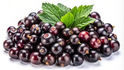 Fototapeta premium Ripe, plump, dark purple blackcurrant berries scattered randomly against a transparent PNG background, showcasing their glossy, succulent texture.