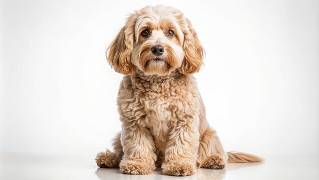 Full-body portrait of a cockapoo with a fluffy coat sitting