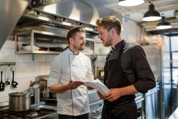Fototapeta na wymiar Restaurant manager discussing with chef in kitchen