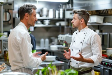 Restaurant manager discussing with chef in kitchen