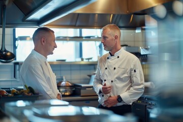 Restaurant manager discussing with chef in kitchen
