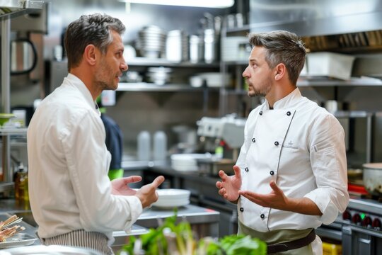 Restaurant manager discussing with chef in kitchen