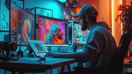 A creative professional is deeply focused on editing visual media on a computer, surrounded by a vibrant and artistic workspace. AIG41