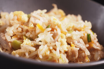 hot fried rice in a bowl on table 