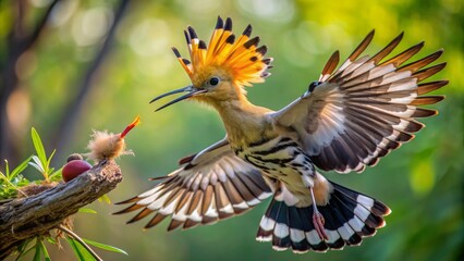 Obraz premium A majestic Hoopoe bird in slow motion, wings spread, effortlessly glides towards its nest, feeding its chirping, beady-eyed baby birds.