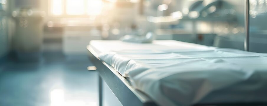 A brightly lit, clean morgue environment with an operating table, ready for medical or forensic procedures, sterile and sanitized.