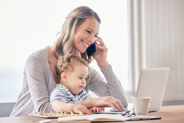 Phone call, remote work and mother with baby, laptop and happiness with conversation, smile and project. Freelancer, home and mama with infant, computer and communication with joy and multitasking