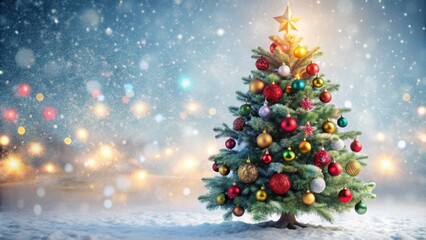 A beautifully decorated festive tree stands tall against a snowy white background with colorful ornaments and twinkling lights.