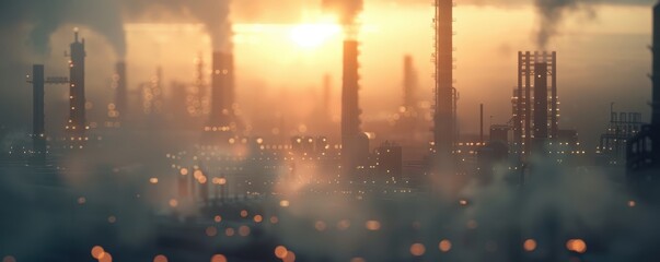 A sprawling industrial plant with tall chimneys emitting smoke at sunset, illustrating air pollution and industrial impact on the environment.