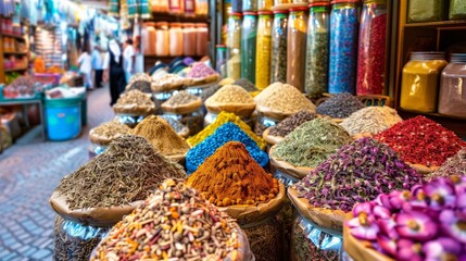 Busy spice souk in Dubai with colorful displays of herbs and spices